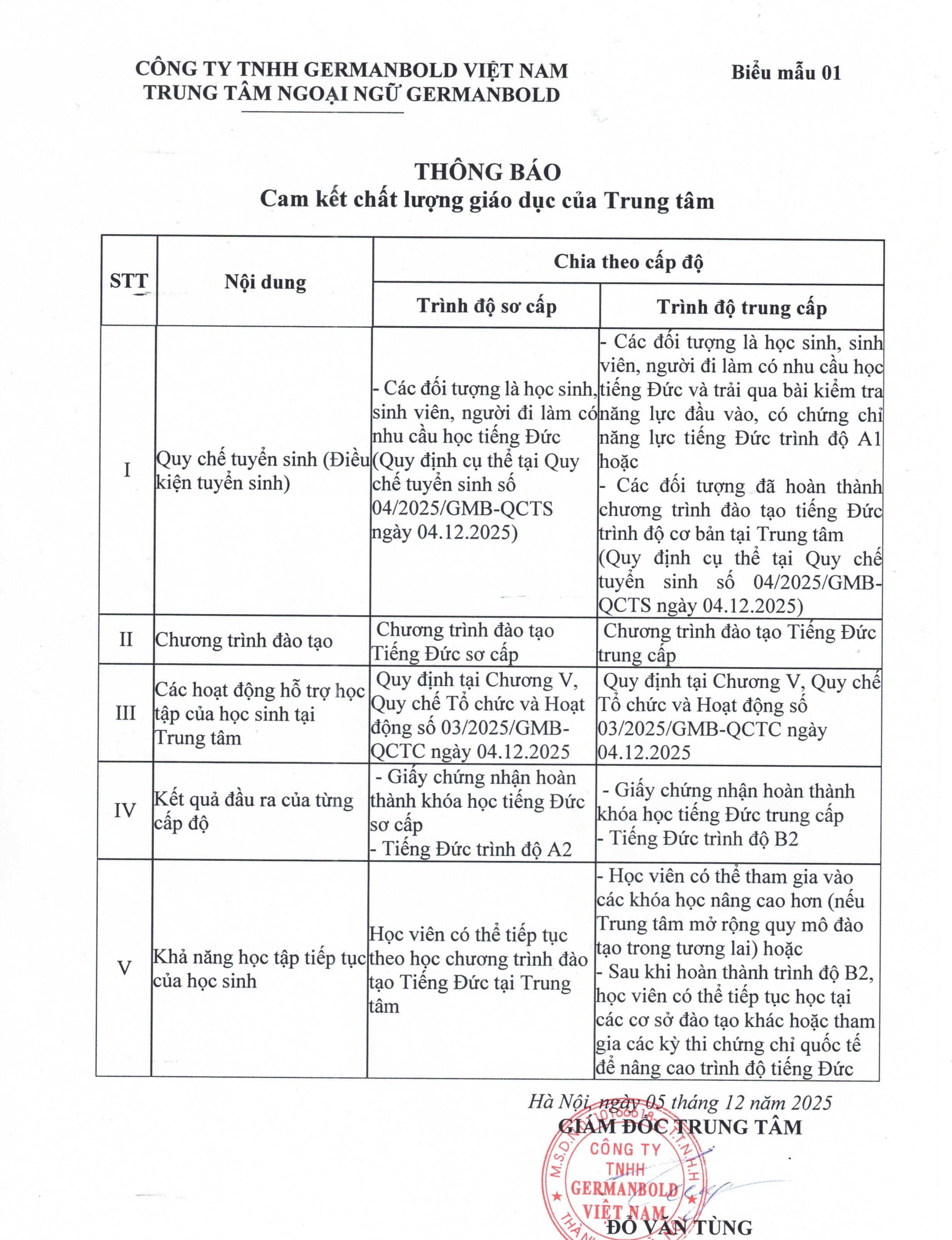 QUY CHẾ TUYỂN SINH 2026 CỦA GERMANBOLD